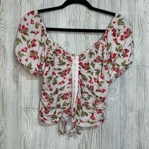 Meraki Floral Ruched Raspberry Print Women's Crop Top Size Large